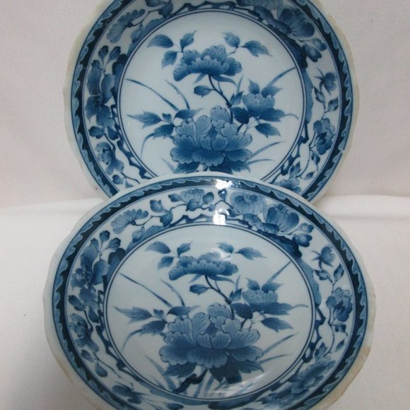 Vintage Blue Transferware Bowl Set 2 Porcelain Peony Japanese Asian - Picture 3 of 9